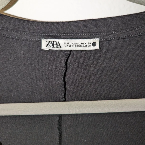 ZARA Ruched Black Dress Draped V-neck adjustable length Size L 100% Cotton EUC - Picture 2 of 4